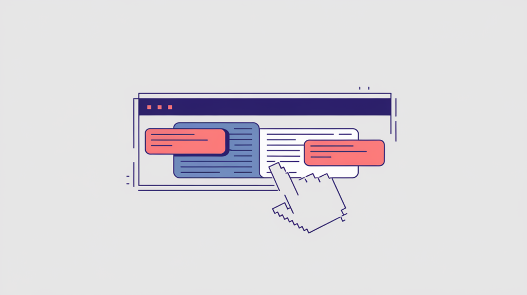 Abstract illustration of hover tooltips revealing title-attribute text on interface elements, in RankGear indigo and coral.