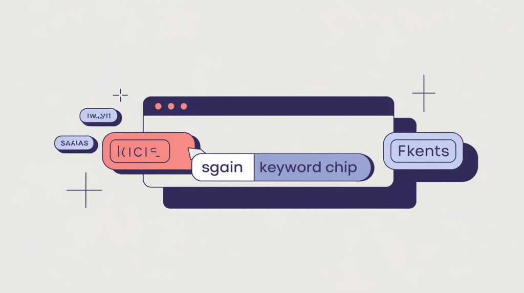 Abstract illustration of a title bar exactly filled by one anchored keyword variation chosen from a set of variation chips, in RankGear indigo and coral.
