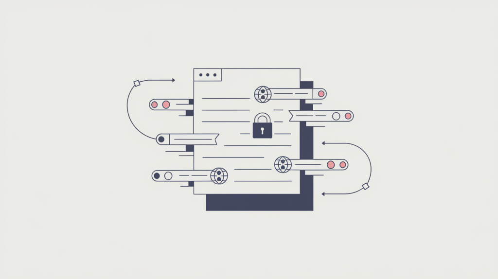 Abstract illustration of absolute URLs counted across a page body, small https link nodes reaching outward, in RankGear indigo and coral.