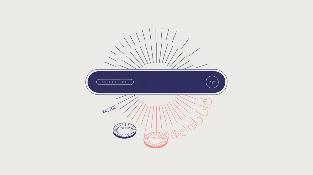 Abstract illustration of a URL's age in days shown as growing tree-ring markers around an address bar, in RankGear indigo and coral.