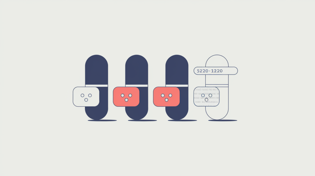 Abstract illustration of keyword variations matching inside absolute URL strings, in RankGear indigo and coral.