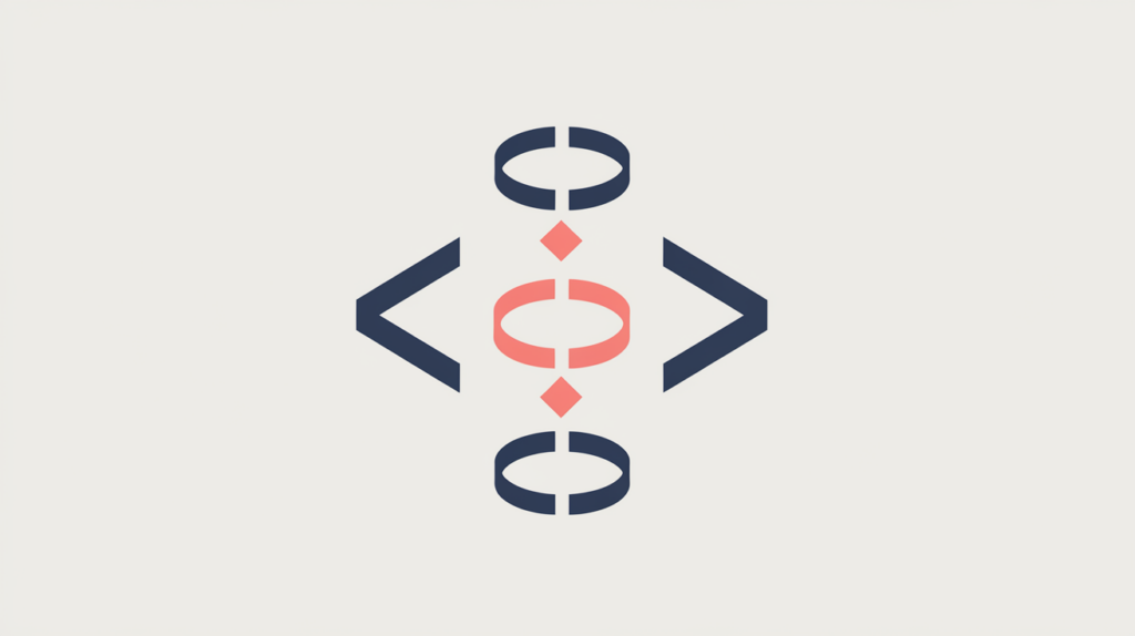 Abstract structured-data JSON-LD illustration: code brackets and a small schema node graph, in RankGear indigo and coral.