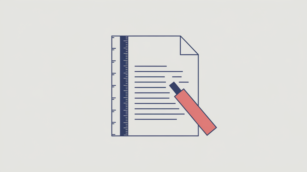 Abstract content-length illustration: a document page with a measuring ruler, in RankGear indigo and coral.